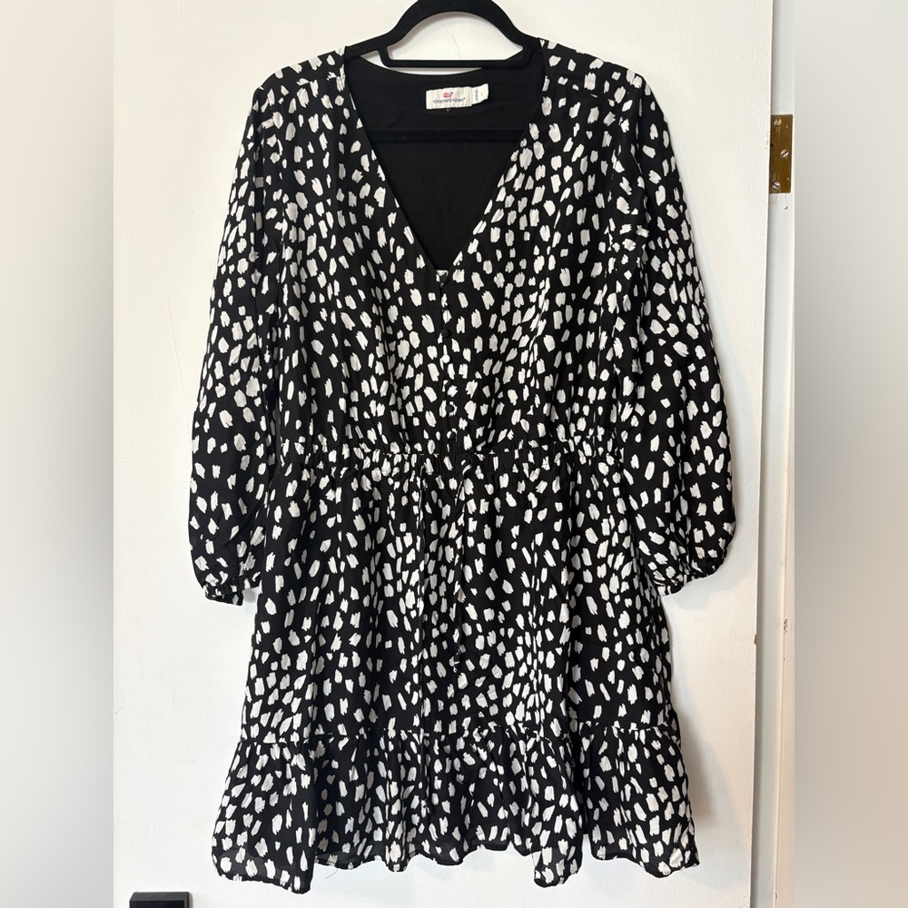 Vineyard Vines Spotted Tie-Waist silk blend Dress Black‎ Marshmallow size Large